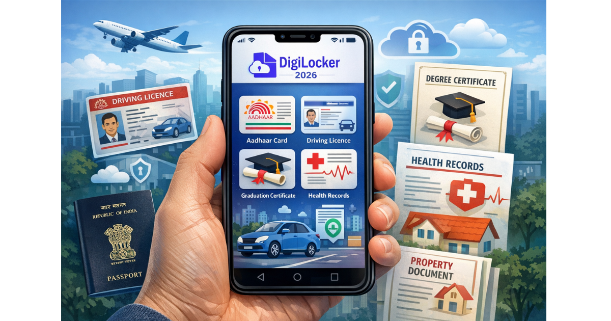 DigiLocker 2026 interface showing digital documents such as Aadhaar, driving licence, academic certificates and health records stored securely on a smartphone.