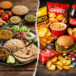 A contrasting visual showing a traditional Indian thali with fresh vegetables, grains, and pulses on one side, and brightly packaged ultra-processed foods like chips, sugary drinks, and instant noodles on the other, symbolising the growing nutrition crisis highlighted in Economic Survey 2026.