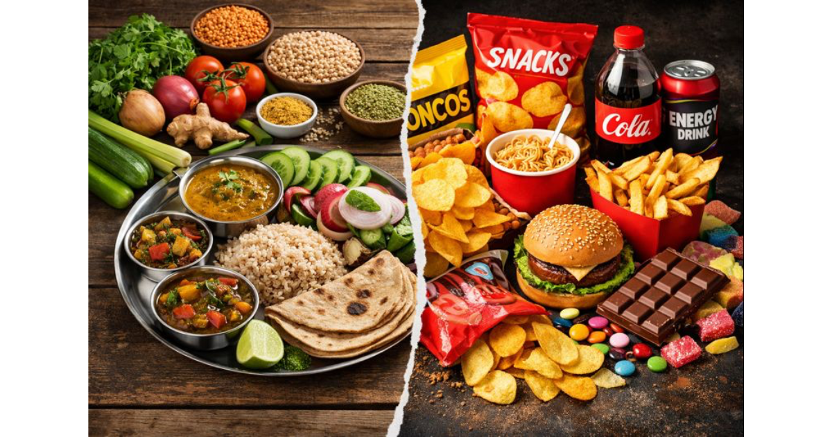 A contrasting visual showing a traditional Indian thali with fresh vegetables, grains, and pulses on one side, and brightly packaged ultra-processed foods like chips, sugary drinks, and instant noodles on the other, symbolising the growing nutrition crisis highlighted in Economic Survey 2026.