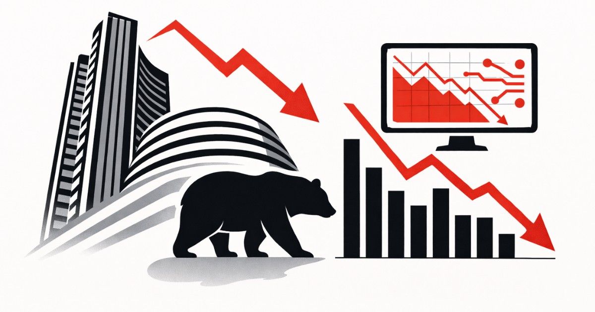Minimal editorial illustration showing Indian stock market decline with downward graph symbolizing Bombay Stock Exchange Sensex and National Stock Exchange Nifty volatility due to IT stock selloff ahead of Q4 earnings