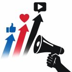 Minimal editorial illustration of a megaphone with upward arrows and social engagement icons symbolizing powerful social media trends and digital engagement growth in 2026