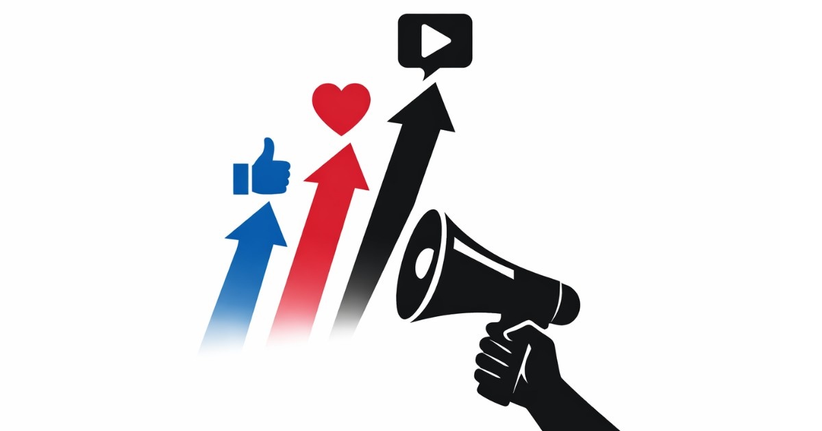 Minimal editorial illustration of a megaphone with upward arrows and social engagement icons symbolizing powerful social media trends and digital engagement growth in 2026