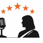 Minimal editorial illustration of a female broadcaster silhouette speaking into a vintage microphone with five stars above, symbolizing key highlights from Sarla Maheshwari’s life.