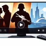 Flat editorial illustration of a television screen displaying three streaming genres — period romance couple silhouette, soldier figure, and futuristic city skyline — symbolizing this week’s top OTT releases.