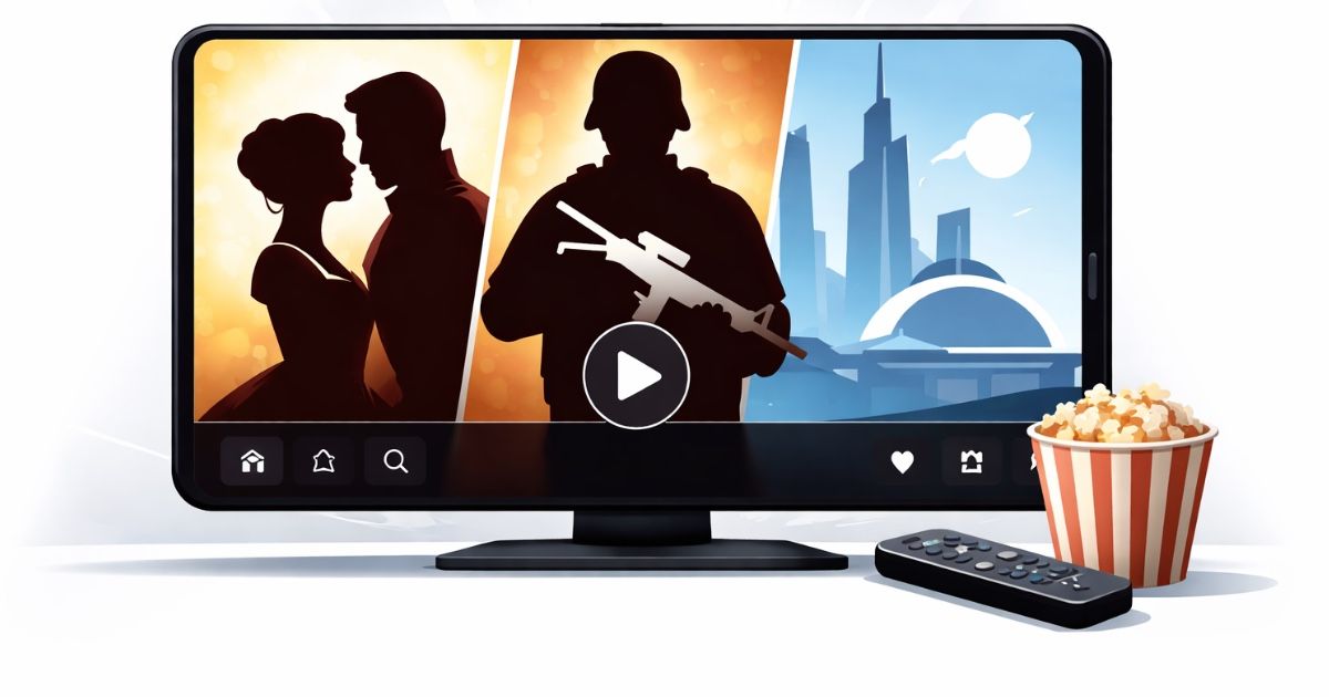 Flat editorial illustration of a television screen displaying three streaming genres — period romance couple silhouette, soldier figure, and futuristic city skyline — symbolizing this week’s top OTT releases.