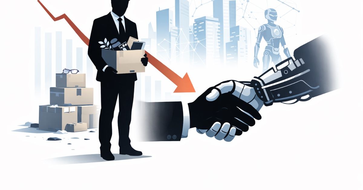 Minimal editorial illustration of a laid-off worker holding a box while a robotic hand symbolizes AI automation and workforce disruption in 2026.