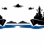 Minimal editorial illustration of two opposing naval warships at sea representing India and China during a strategic fleet review in the Indian Ocean, with aircraft silhouettes overhead.