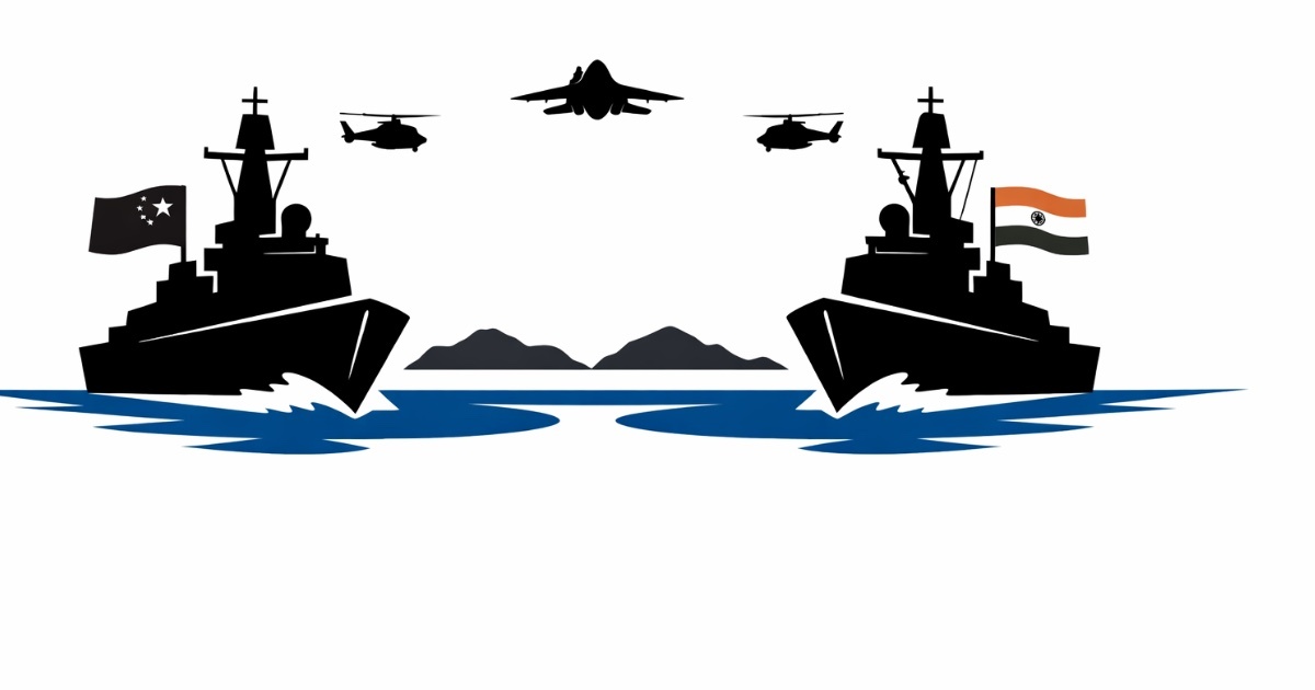 Minimal editorial illustration of two opposing naval warships at sea representing India and China during a strategic fleet review in the Indian Ocean, with aircraft silhouettes overhead.