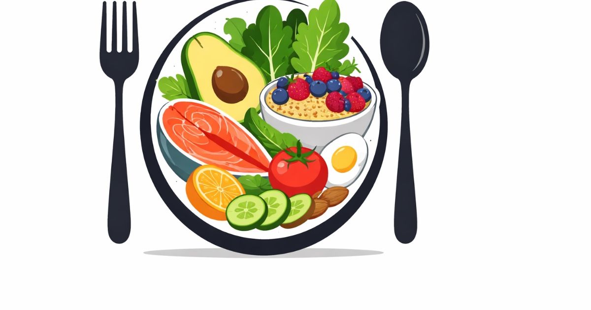 Minimal editorial illustration of a balanced wellness plate symbolizing modern diet trends and healthy eating habits in India, shown in a clean flat vector style on a white background.