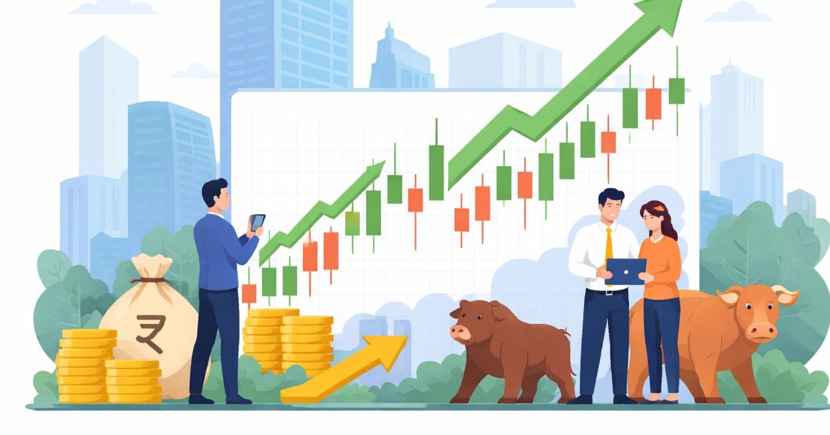Stock Market Today illustration showing Sensex and Nifty movement with market participants and stock chart
