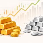 Illustration showing gold bars and silver bars with coins, representing gold and silver prices in India
