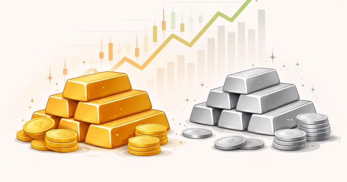 Illustration showing gold bars and silver bars with coins, representing gold and silver prices in India
