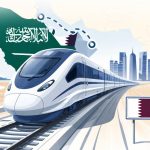 Saudi-Qatar High-Speed Rail Project conceptual minimal editorial illustration showing a sleek high-speed train linking two regions on a white background