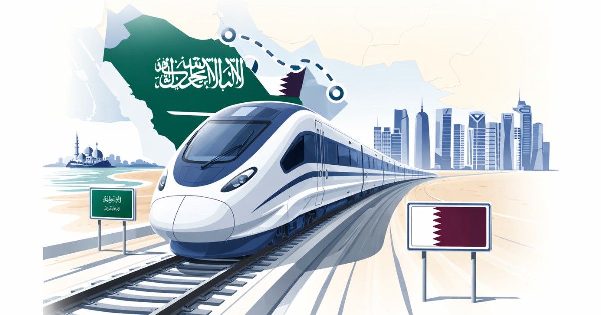 Saudi-Qatar High-Speed Rail Project conceptual minimal editorial illustration showing a sleek high-speed train linking two regions on a white background