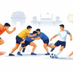 Khelo Mahakumbh Launch in Delhi editorial illustration showing young athletes competing in multiple sports with a minimal Delhi backdrop