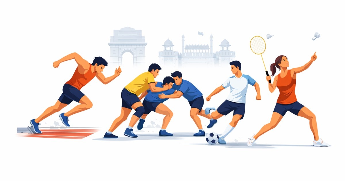 Khelo Mahakumbh Launch in Delhi editorial illustration showing young athletes competing in multiple sports with a minimal Delhi backdrop