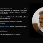 Anand Mahindra shares a social media post announcing his investment in Hyderabad-based agri-tech startup Harvested Robotics, founded by Rahul Arepaka and George Mathew, with a portrait image of the Mahindra Group chairman displayed beside the post.