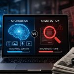 Comparison of AI content creation tools and AI detection systems highlighting digital authenticity challenges and trust verification
